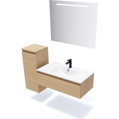 Meuble de salle de bain suspendu vasque intégrée 90cm 1 tiroir Chêne clair - Hudson