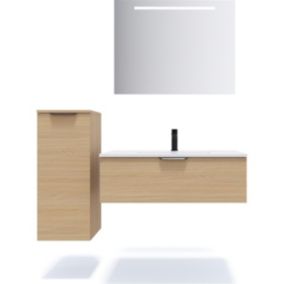 Meuble de salle de bain suspendu vasque intégrée 90cm 1 tiroir Chêne clair + miroir + colonne ouverture gauche - Soho