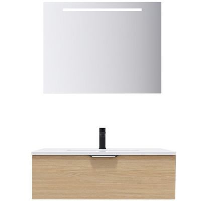 Meuble de salle de bain suspendu vasque intégrée 90cm 1 tiroir Chêne clair + miroir - Soho