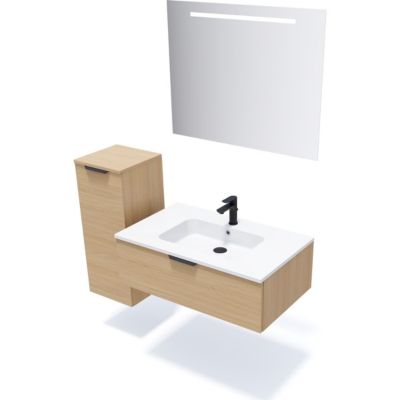 Meuble de salle de bain suspendu vasque intégrée 90cm 1 tiroir Chêne clair + miroir - Soho