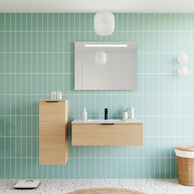 Meuble de salle de bain suspendu vasque intégrée 90cm 1 tiroir Chêne clair - Soho