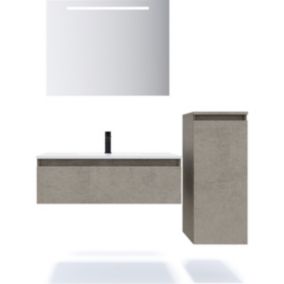 Meuble de salle de bain suspendu vasque intégrée 90cm 1 tiroir façon Béton + miroir + colonne ouverture droite - Hudson