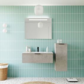 Meuble de salle de bain suspendu vasque intégrée 90cm 1 tiroir façon Béton + miroir + colonne ouverture droite - Soho