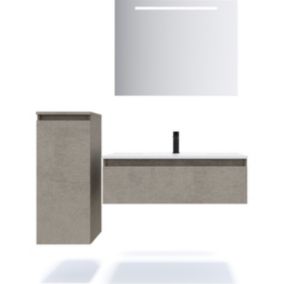 Meuble de salle de bain suspendu vasque intégrée 90cm 1 tiroir façon Béton + miroir + colonne ouverture gauche - Hudson