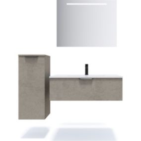 Meuble de salle de bain suspendu vasque intégrée 90cm 1 tiroir façon Béton + miroir + colonne ouverture gauche - Soho