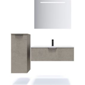 Meuble de salle de bain suspendu vasque intégrée 90cm 1 tiroir façon Béton + miroir + colonne ouverture gauche - Venice