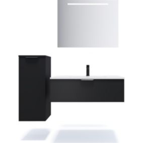 Meuble de salle de bain suspendu vasque intégrée 90cm 1 tiroir Noir + miroir + colonne ouverture gauche - Soho