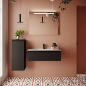 Meuble de salle de bain suspendu vasque intégrée 90cm 1 tiroir Noir + miroir - Hudson