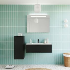 Meuble de salle de bain suspendu vasque intégrée 90cm 1 tiroir Noir + miroir - Soho
