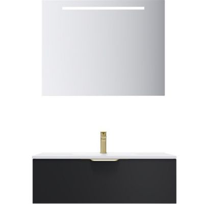 Meuble de salle de bain suspendu vasque intégrée 90cm 1 tiroir Noir + miroir - Venice
