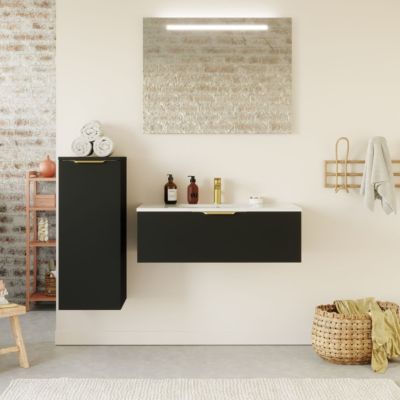 Meuble de salle de bain suspendu vasque intégrée 90cm 1 tiroir Noir + miroir - Venice