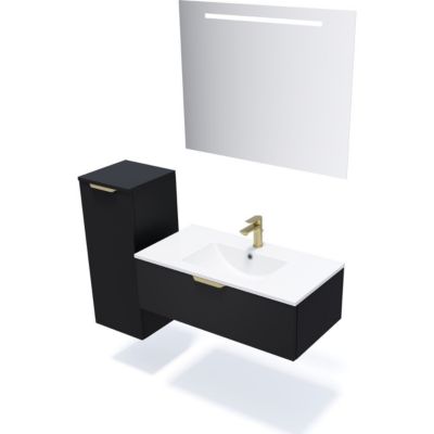 Meuble de salle de bain suspendu vasque intégrée 90cm 1 tiroir Noir + miroir - Venice