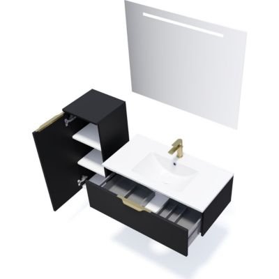Meuble de salle de bain suspendu vasque intégrée 90cm 1 tiroir Noir + miroir - Venice