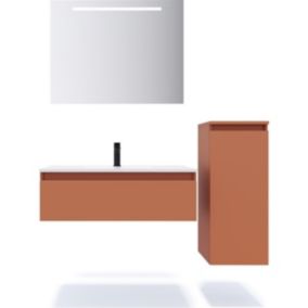 Meuble de salle de bain suspendu vasque intégrée 90cm 1 tiroir Terracotta + miroir + colonne ouverture droite - Hudson