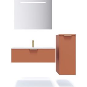 Meuble de salle de bain suspendu vasque intégrée 90cm 1 tiroir Terracotta + miroir + colonne ouverture droite - Venice