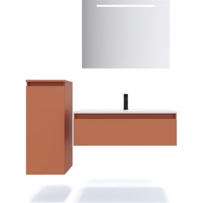 Meuble de salle de bain suspendu vasque intégrée 90cm 1 tiroir Terracotta + miroir + colonne ouverture gauche - Hudson