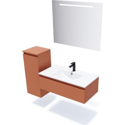 Meuble de salle de bain suspendu vasque intégrée 90cm 1 tiroir Terracotta + miroir + colonne ouverture gauche - Hudson