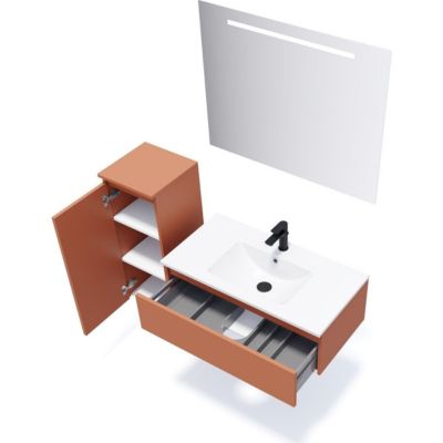 Meuble de salle de bain suspendu vasque intégrée 90cm 1 tiroir Terracotta + miroir + colonne ouverture gauche - Hudson