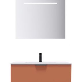 Meuble de salle de bain suspendu vasque intégrée 90cm 1 tiroir Terracotta + miroir - Soho