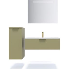 Meuble de salle de bain suspendu vasque intégrée 90cm 1 tiroir Vert olive + miroir + colonne ouverture gauche - Venice