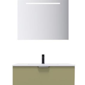 Meuble de salle de bain suspendu vasque intégrée 90cm 1 tiroir Vert olive + miroir - Soho