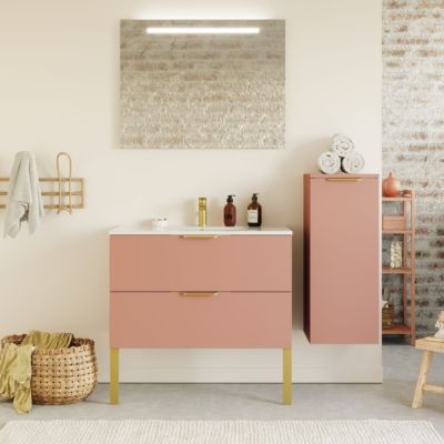 Meuble de salle de bain suspendu vasque intégrée 90cm 2 tiroirs Abricot + miroir + colonne ouverture droite - Venice