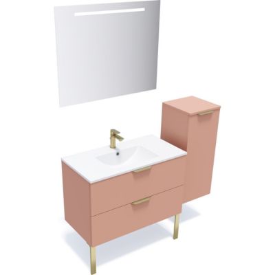 Meuble de salle de bain suspendu vasque intégrée 90cm 2 tiroirs Abricot + miroir + colonne ouverture droite - Venice