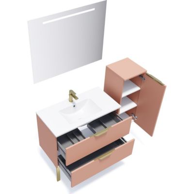 Meuble de salle de bain suspendu vasque intégrée 90cm 2 tiroirs Abricot + miroir + colonne ouverture droite - Venice