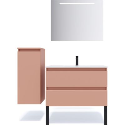 Meuble de salle de bain suspendu vasque intégrée 90cm 2 tiroirs Abricot + miroir + colonne ouverture gauche - Hudson
