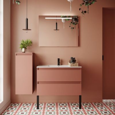 Meuble de salle de bain suspendu vasque intégrée 90cm 2 tiroirs Abricot + miroir + colonne ouverture gauche - Hudson