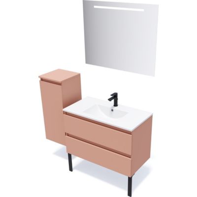 Meuble de salle de bain suspendu vasque intégrée 90cm 2 tiroirs Abricot + miroir + colonne ouverture gauche - Hudson