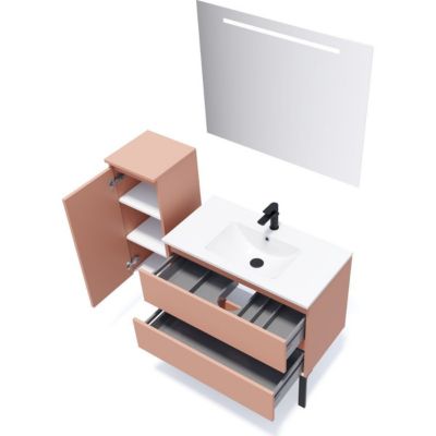 Meuble de salle de bain suspendu vasque intégrée 90cm 2 tiroirs Abricot + miroir + colonne ouverture gauche - Hudson