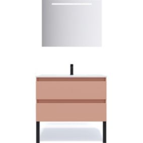 Meuble de salle de bain suspendu vasque intégrée 90cm 2 tiroirs Abricot + miroir - Hudson