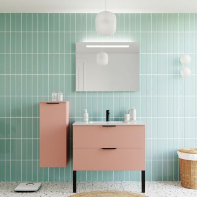 Meuble de salle de bain suspendu vasque intégrée 90cm 2 tiroirs Abricot + miroir - Soho