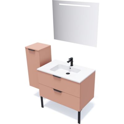 Meuble de salle de bain suspendu vasque intégrée 90cm 2 tiroirs Abricot + miroir - Soho