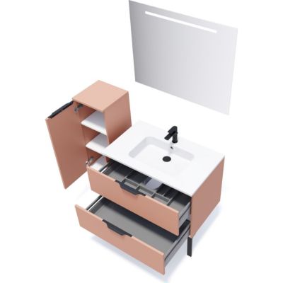 Meuble de salle de bain suspendu vasque intégrée 90cm 2 tiroirs Abricot + miroir - Soho