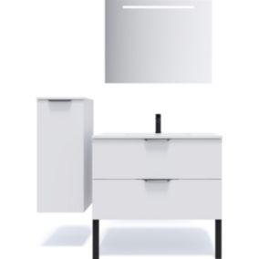 Meuble de salle de bain suspendu vasque intégrée 90cm 2 tiroirs Blanc + miroir + colonne ouverture gauche - Soho