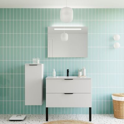 Meuble de salle de bain suspendu vasque intégrée 90cm 2 tiroirs Blanc + miroir + colonne ouverture gauche - Soho