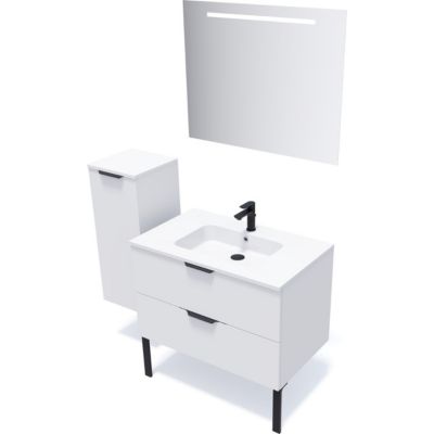 Meuble de salle de bain suspendu vasque intégrée 90cm 2 tiroirs Blanc + miroir + colonne ouverture gauche - Soho