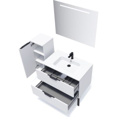 Meuble de salle de bain suspendu vasque intégrée 90cm 2 tiroirs Blanc + miroir + colonne ouverture gauche - Soho