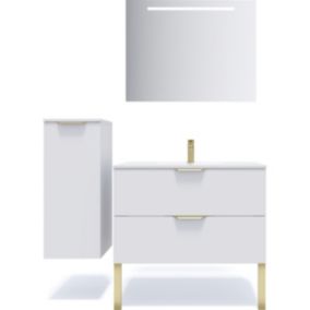 Meuble de salle de bain suspendu vasque intégrée 90cm 2 tiroirs Blanc + miroir + colonne ouverture gauche - Venice