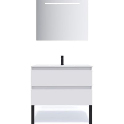 Meuble de salle de bain suspendu vasque intégrée 90cm 2 tiroirs Blanc + miroir - Hudson