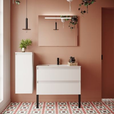 Meuble de salle de bain suspendu vasque intégrée 90cm 2 tiroirs Blanc + miroir - Hudson
