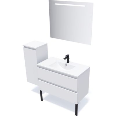 Meuble de salle de bain suspendu vasque intégrée 90cm 2 tiroirs Blanc + miroir - Hudson