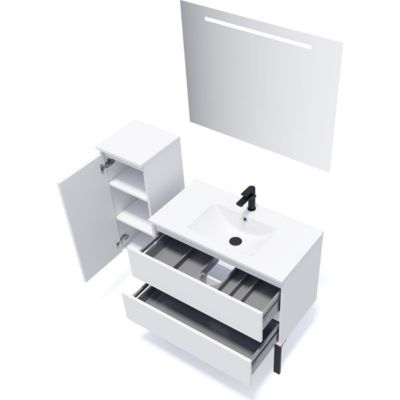Meuble de salle de bain suspendu vasque intégrée 90cm 2 tiroirs Blanc + miroir - Hudson
