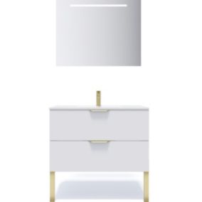 Meuble de salle de bain suspendu vasque intégrée 90cm 2 tiroirs Blanc + miroir - Venice