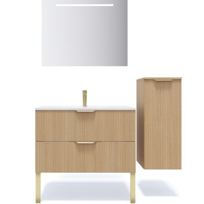 Meuble de salle de bain suspendu vasque intégrée 90cm 2 tiroirs Chêne cannelé + miroir + colonne ouverture droite - Venice