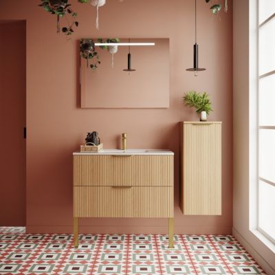 Meuble de salle de bain suspendu vasque intégrée 90cm 2 tiroirs Chêne cannelé + miroir + colonne ouverture droite - Venice