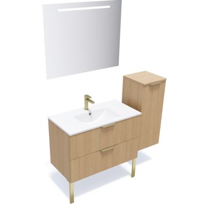 Meuble de salle de bain suspendu vasque intégrée 90cm 2 tiroirs Chêne cannelé + miroir + colonne ouverture droite - Venice
