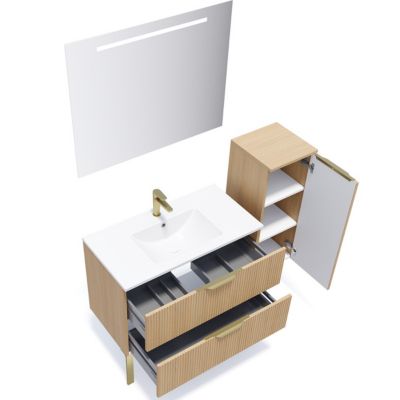 Meuble de salle de bain suspendu vasque intégrée 90cm 2 tiroirs Chêne cannelé + miroir + colonne ouverture droite - Venice